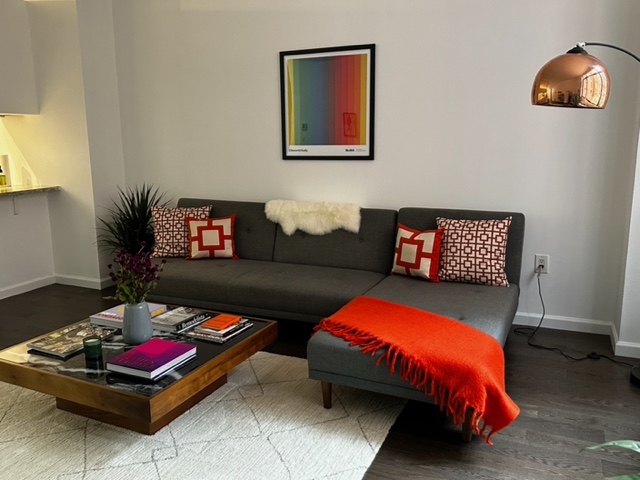 modern living room with colorful throw and art