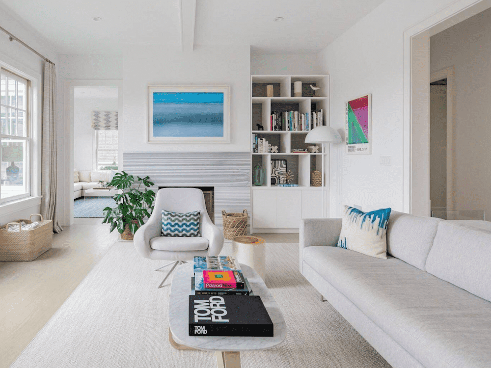 bright living room with blue accents